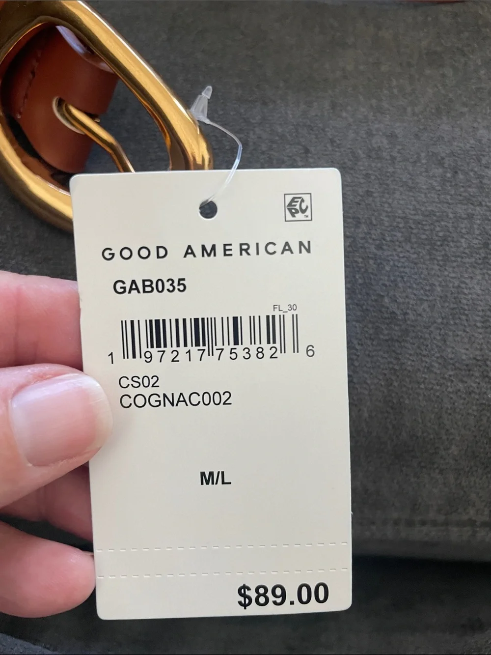 Good American Tan Leather Belt with Gold Oval Buckle